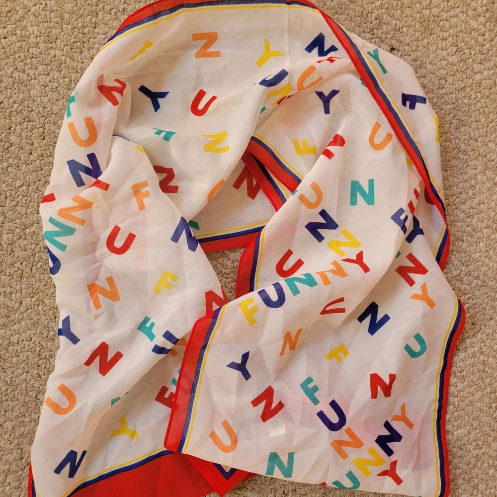 FUNNY! Italian Colorful Letterprint Scarf Vintage 1970s? ~ Cute ~ Teacher Comedy